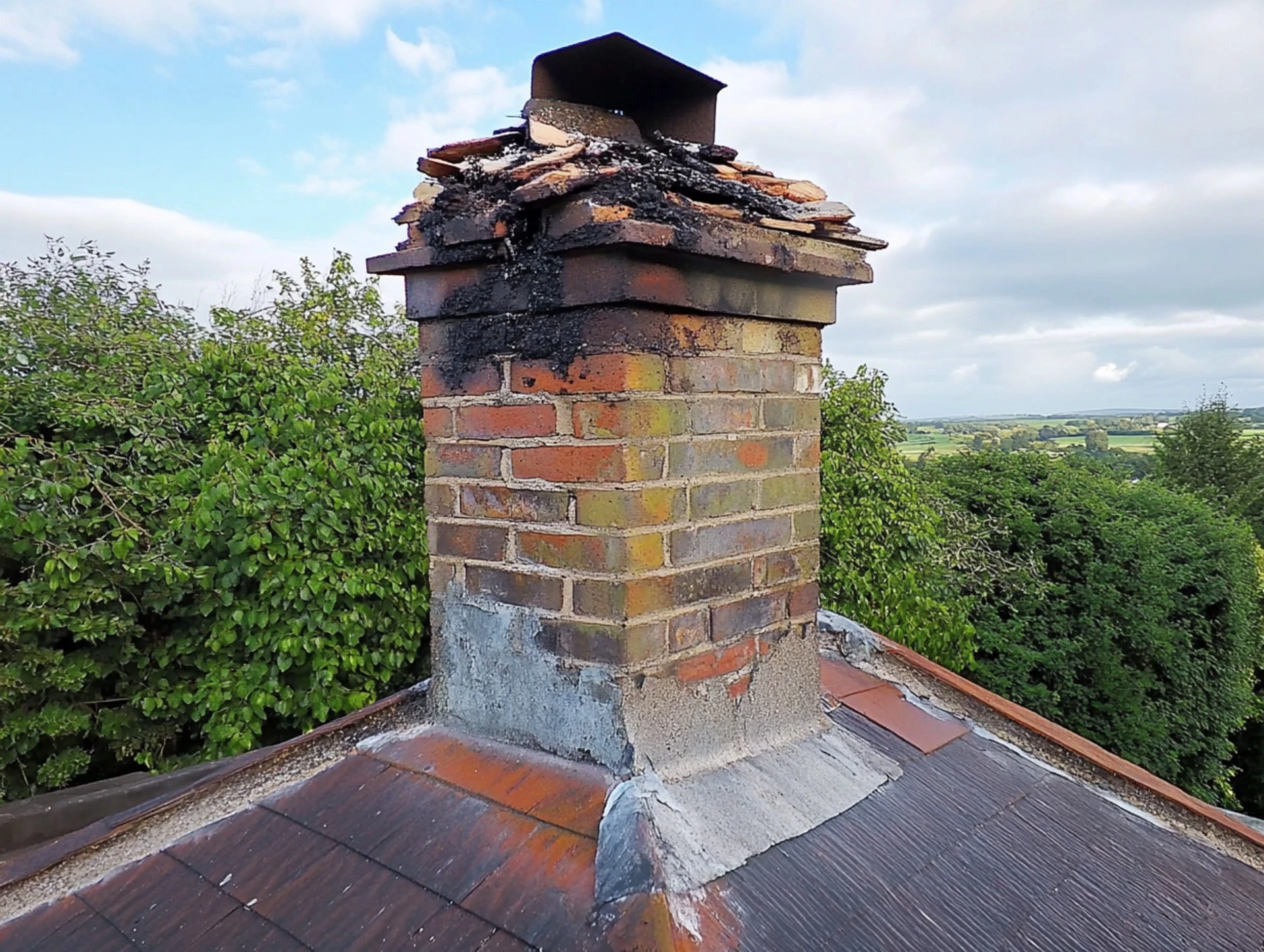 Repaired chimney stack on traditional house